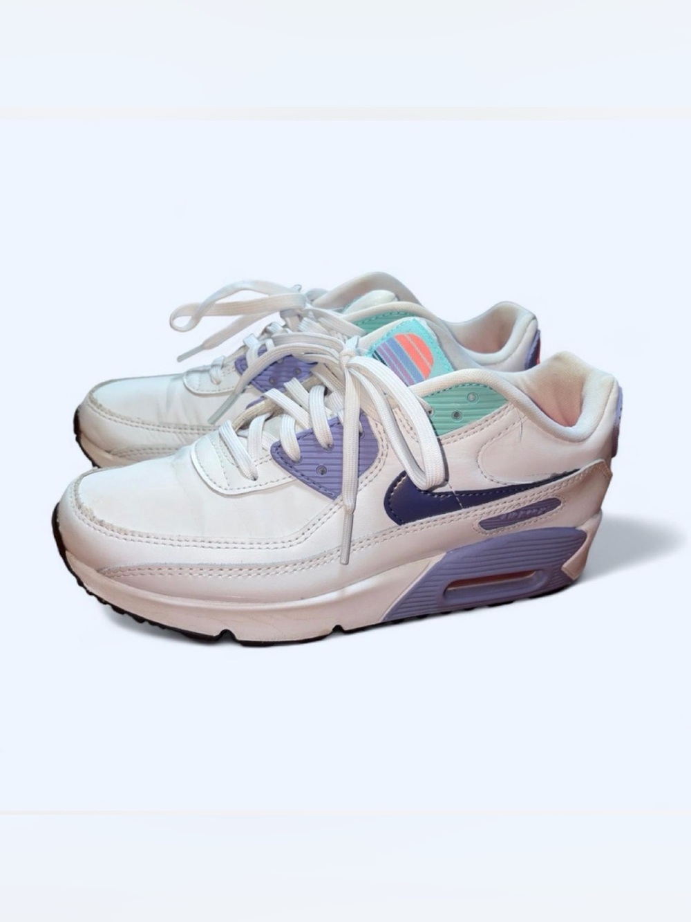 Nike Kids White Sneakers with Purple and Teal Accents. Size 4Y.